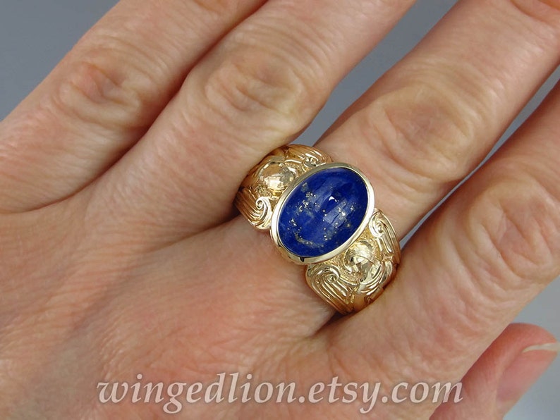 Guardian Angels Mens 14K yellow gold Ring with Lapis Lazuli sizes 8 to 14 image 5