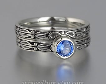 size 7.75 Ready to ship - AUGUSTA 14K gold ring with Blue Sapphire and matching band set