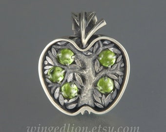 Small APPLE TREE silver pendant with Peridot - Tree of Life charm