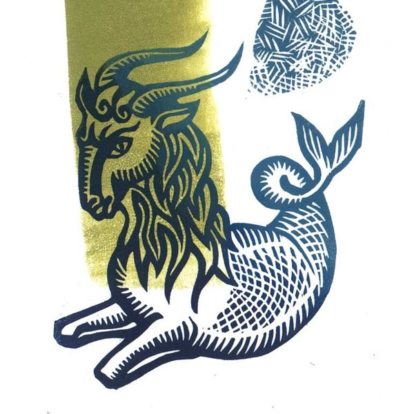 CAPRICORN Zodiac (Dec. 22 - Jan. 19) linocut birthday card small original artwork