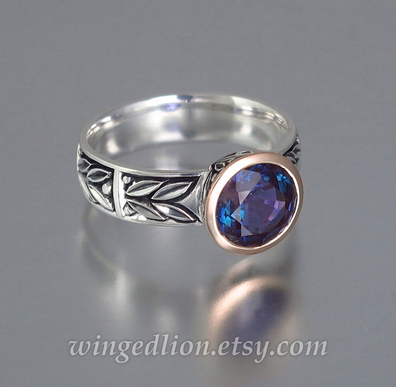 LAUREL CROWN silver and 14k gold ring with lab Alexandrite image 2