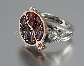 POMEGRANATE 14K rose gold and silver ring with garnets