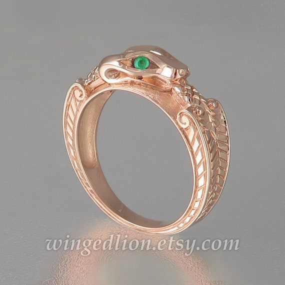 Gold Snake Ring, OUROBOROS 14K Gold Ring Snake With Emerald Eyes