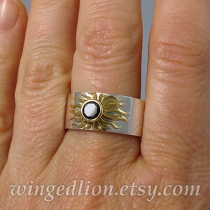 FULL SUN total solar eclipse Engagement Ring & Wedding Band Set in silver and 18K gold Black Spinel white sapphires image 7