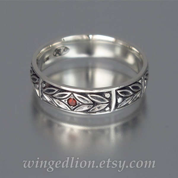 Mens Wedding Band EVERGREEN LAUREL silver with Garnet unisex band