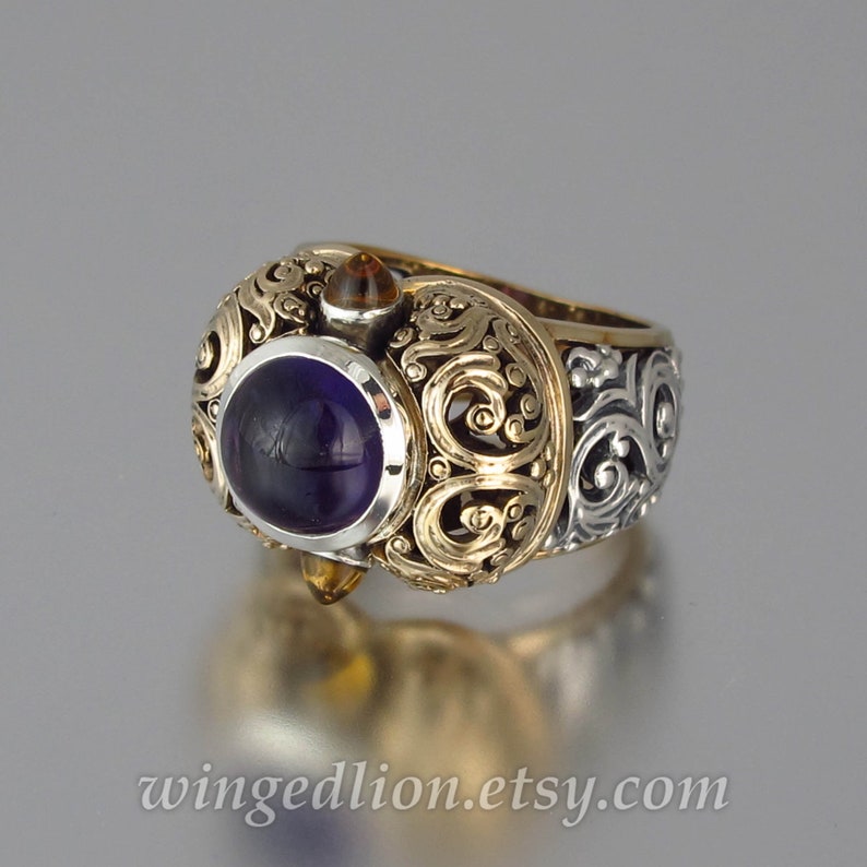 THE EMPRESS a statement ring in 14K gold and silver with Amethyst and Citrine image 1