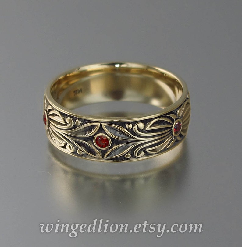 The COUNT mens wedding band in 14K yellow gold with Garnets image 2