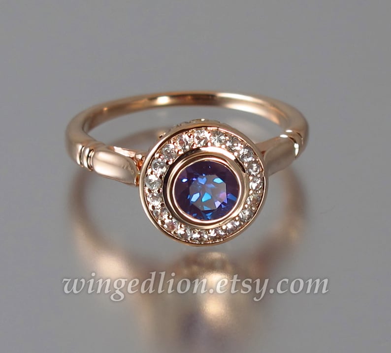 THE SECRET DELIGHT 14k gold Alexandrite engagement ring with diamond halo 14k rose gold