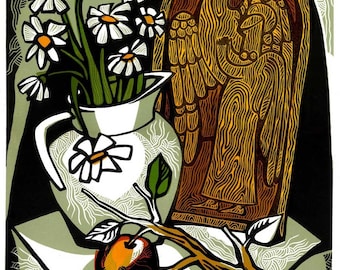 VASE of WHITE DAISIES linocut still life