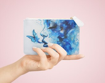 Surreale blaue Rauch Clutch | Künstlerische Blau Töne Tasche für Drehzeug | Einzigartige Vegane Leder Mini-Tasche | StudioSen Design