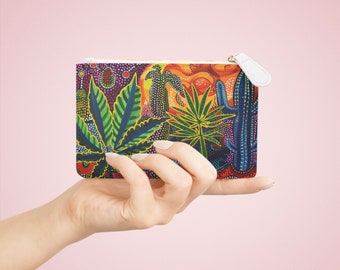 Psychedelische Cannabis-Blatt & Kaktus-Mini-Clutch | Bunte Unikat-Tasche für deinen gesamten Smokkram Unterwegs | Veganes Leder | Qualität