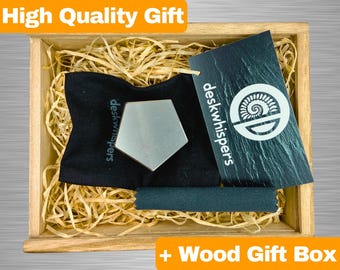 Pentagon Puzzle made of stainless steel in a wooden box – 5-piece zero-tolerance design object, EDM-crafted for office decor, tech fans & gifts