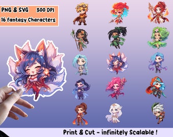 Fantasiekarakters Sticker PNG Pack, Fantasy Sticker Set, Fantasy PNG, Fantasy SVG, Sticker Design, Fantasy Clipart Bundel, cricut bestanden
