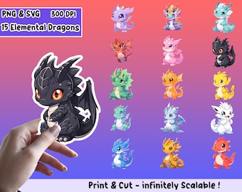 Paquete PNG de pegatinas de dragón, conjunto de pegatinas de dragón, PNG de dragón, SVG de dragón, diseño de pegatinas, paquete de imágenes prediseñadas de dragón, archivos cricut