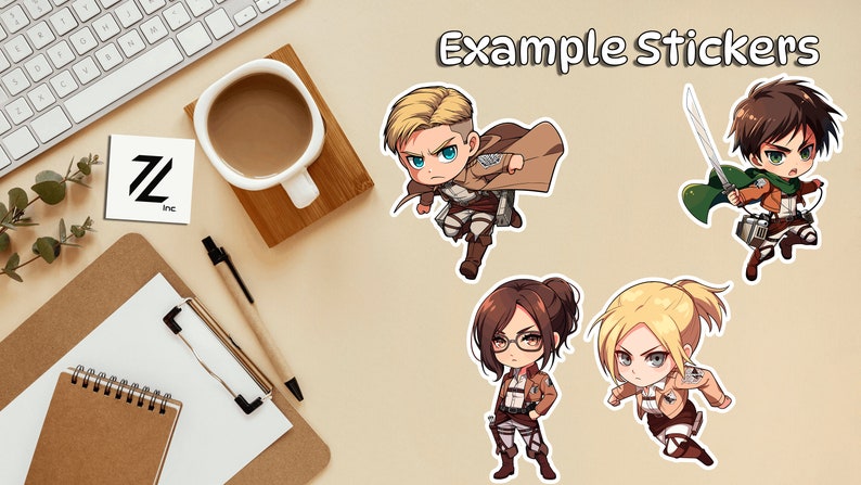 May include: Four cartoon character stickers featuring characters from the anime Attack on Titan. The characters are Eren Yeager, Mikasa Ackerman, Armin Arlert, and Levi Ackerman. The stickers are printed on white glossy paper and are approximately 3 inches in diameter.