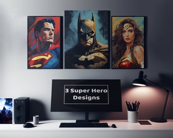 3 Pack superheld kunst aan de muur, anime digitale prints, huisdecoratie, held afdrukbare kunst, afdrukbare muur kunst decor, fanart, vector kunst