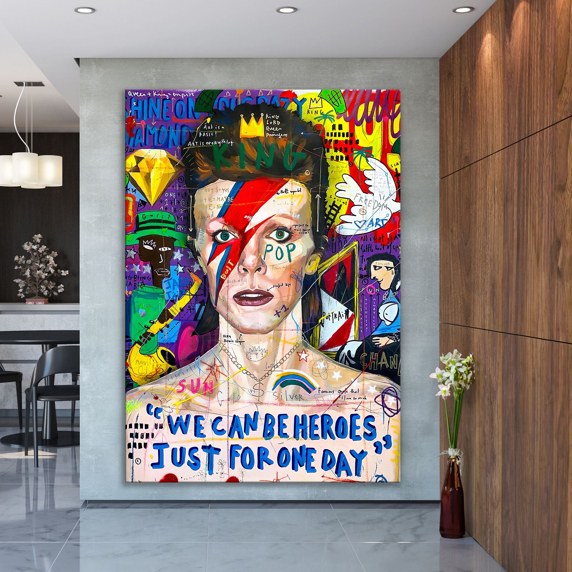 Banksy Style Queen David Bowie Framed Poster Print – Contemporary Graffiti Art In Black & White