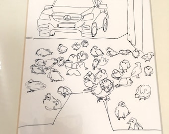 pigeons  (5x8 inch original drawing in A4 mount)