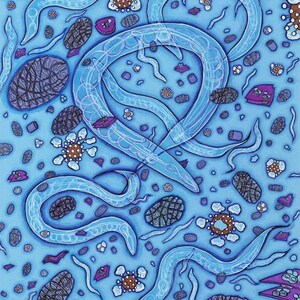 Pode incluir: Ilustração abstrata sobre um fundo azul claro, apresentando formas estilizadas de vermes azuis translúcidos e várias estruturas celulares. A obra de arte inclui elementos em tons de roxo, castanho e branco, criando um design detalhado com tema científico.