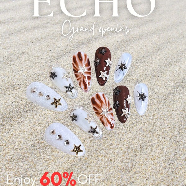 Summer-style Nails 3D Sea Star Sequin Gel Brown Almond-shaped Press-on Nails Hand-painted Artificial Acrylic Nails Fake Nails Colored Nails