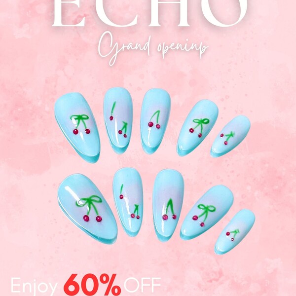 Orchard Fruit Long Almond Blue Press on Nail Hand-painted Cherry Nail Art False Nails Personalized Gel Nail Faux Acrylic Nails Handmade Nail