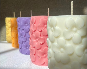 Fragranced, Daisy Candle, Pillar Candle, Vegan, Handmade, Flower Candle, Floral Candle, Soy Wax, Pink, Purple, White, Yellow, Orange