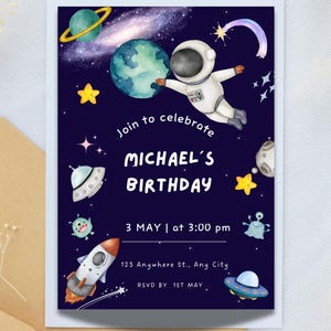 Tarjeta de cumpleaños espacial, tarjeta de cumpleaños de astronauta, tarjeta de cumpleaños para niños, tarjeta de cumpleaños de Canva, tarjeta de cumpleaños digital, fiesta de astronautas y planetas