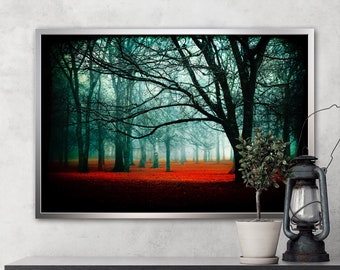 Fairytale Photography, Gothic Landscape Print for Home or Dorm, Fog Photo, Nature Fine Art, Magical Wall Art, Red Trees, Fairycore Wall Art