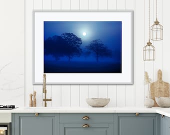 Blue Fog Photography, Foggy Landscape Art, Fog Photos, Nature Fine Art, Deep Blue Wall Art, Fog and Trees, Blue Nature Photo, Morning Print