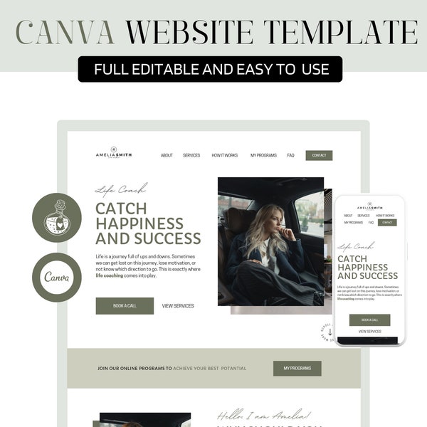 Canva Website Template, Life Coach Website Template, Canva Coaching Website, Business Coach Website, Canva Sales Page, One Page Website