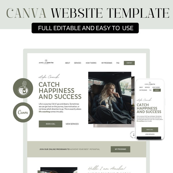 Modèle de site Web Canva, Modèle de site Web de coach de vie, Site Web de coaching Canva, Site Web de coach d'affaires, Page de vente Canva, Site Web d'une page