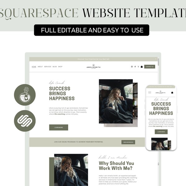 Squarespace Template, Squarespace Coaching Website Template, Squarespace Website Template, Life Coach Squarespace Template,Squarespace Theme