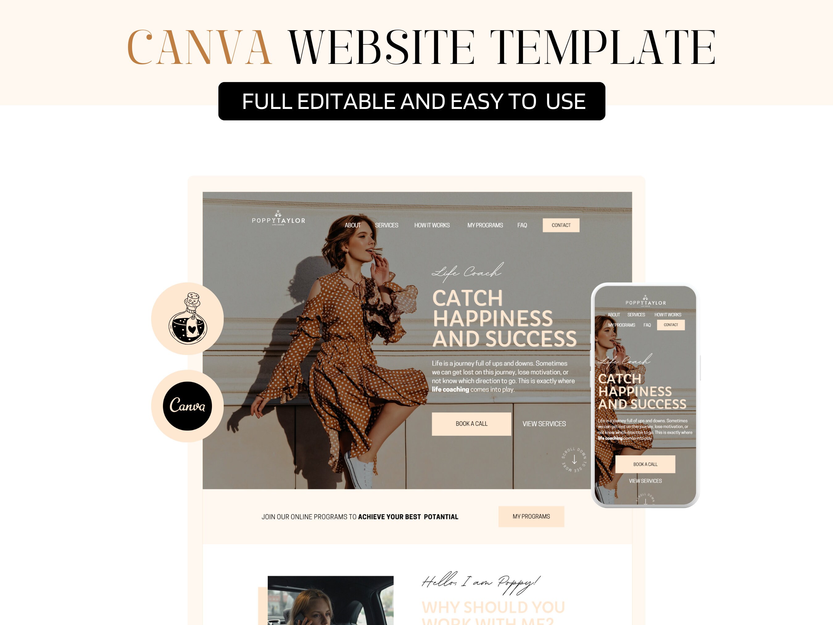 Canva Website Template, Life Coach Website Template, Canva Coaching Website, Business Coach Website, Canva Sales Page, One Page Website