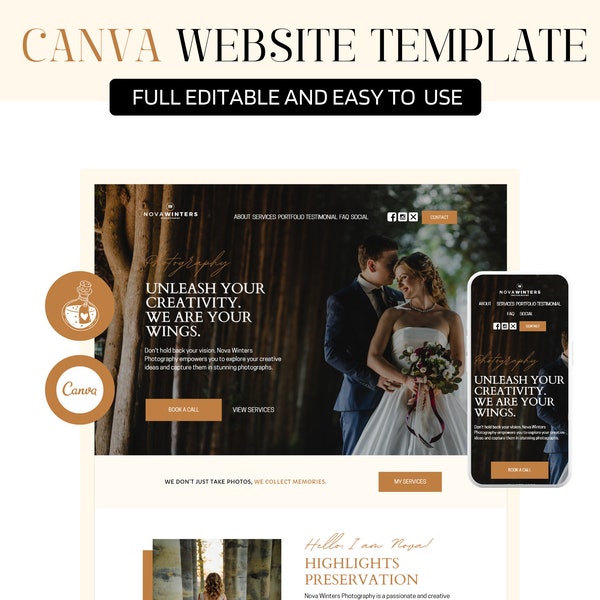 Photography Website Template, Wedding Photographer Website, Canva Boho Website, Website Template for Photographers, Canva Landing Page