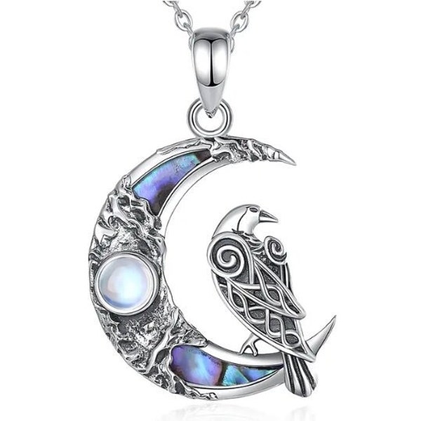 925 Sterling Silver Viking Raven Moon Necklace for Women Man Pentagram Crow Amulet Pendant Natural Abalone Shell Jewelry Witch Wiccan Mystic