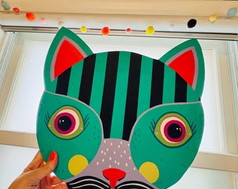 Hand-Painted Cat Face Wall Hanging