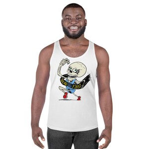 May include: White tank top with a cartoon skeleton running with a finish line ribbon that says "Dead First".