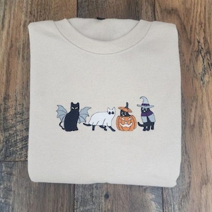 Embroidered Ghost Cat Sweatshirt, Embroidered Halloween Shirt, Halloween Ghost Cat Sweatshirt, Halloween Pumpkin Shirt