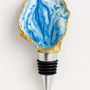 Coastal Oyster Shell Wine Stopper – Hand-Painted Blue & Gold Stainless Steel Bottle Cork