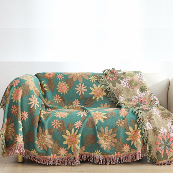 Flowers Throw Blanket, Green Boho Blanket, Soft 100% Cotton Throw, Sofa/Bed Blanket, Housewarming Gift