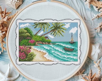 Tropical beach cross stitch pattern, Summer cross stitch pattern, Cross Stitch Flower, Seascape Cross Stitch, Cross Stitch Art, PDF download