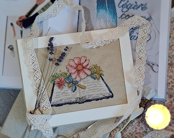 Book and Flowers Cross Stitch Pattern, Embroidery Design (PDF Instant Download)