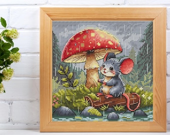 Mouse Under Mushroom Cross Stitch Pattern: Rainy Day Animal Design (PDF Pattern)