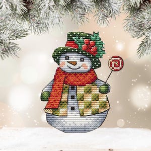 Schema punto croce pupazzo di neve, tutorial mini ornamento natalizio, PDF digitale download immediato, fai da te per regalo, schema ornamento albero di Natale