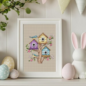 Bird Houses with Easter Flowers Cross Stitch Pattern, Easter Embroidery Tutorial, Easy Mini Cross Stitch, PDF Digital Pattern, Needlepoint