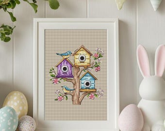 Bird Houses with Easter Flowers Cross Stitch Pattern, Easter Embroidery Tutorial, Easy Mini Cross Stitch, PDF Digital Pattern, Needlepoint