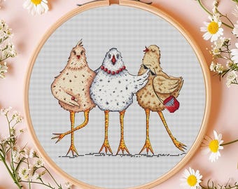 Quirky Chicks Cross Stitch, Fashionable Bird Design, PDF Instant Download, Small Cross Stitch PDF, Needlepoint Chart, Funny Chiken Easter