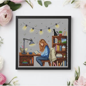 Girl with Cat Cross Stitch Pattern: Cozy Embroidery (PDF Digital Download