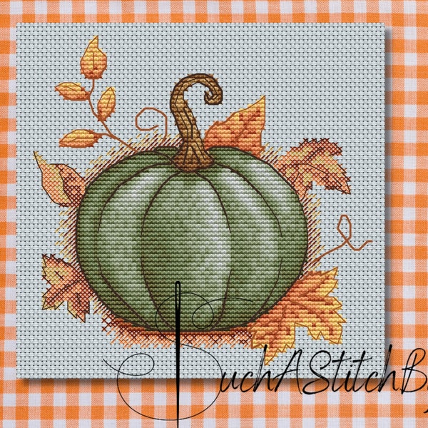 Green Pumpkin Cross Stitch Pattern, Cross Stitch Pattern Leaves, Kitchen Cross Stitch, PDF Pattern