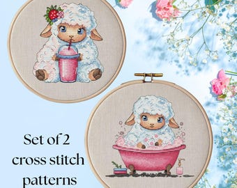 Set of 2 Cross Stitch Patterns with Cute Sheep, Cute Embroidery Design, Mini Cross Stitch Spring Ornament, PDF Instant Download, Needlepoint